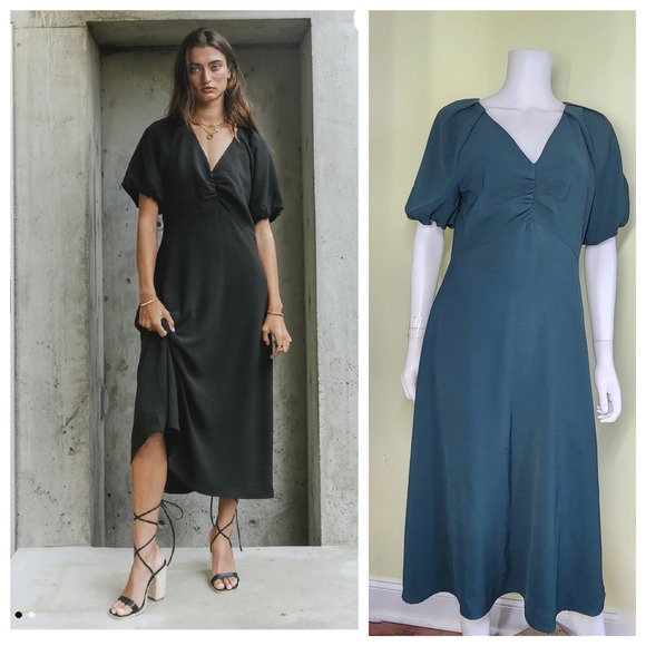 Bohme Maeve Midi Dress Puff Sleeve Size Small Green Ruched V-Neck Romantic Boho - Picture 1 of 13
